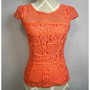 Vintage bebe Orange Lace Cap Sleeve Fitted Blouse Round Neck Back Zip Size Small